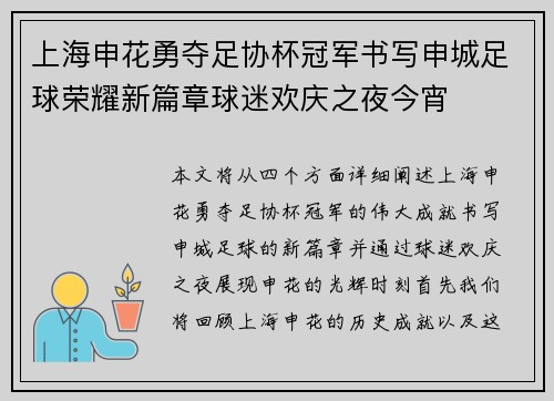 上海申花勇夺足协杯冠军书写申城足球荣耀新篇章球迷欢庆之夜今宵