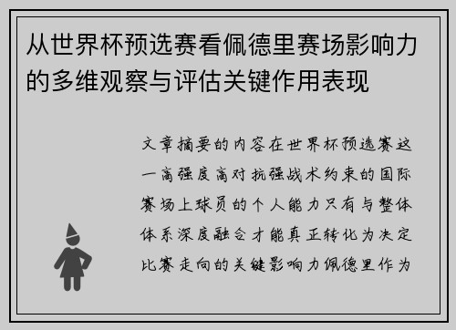 从世界杯预选赛看佩德里赛场影响力的多维观察与评估关键作用表现