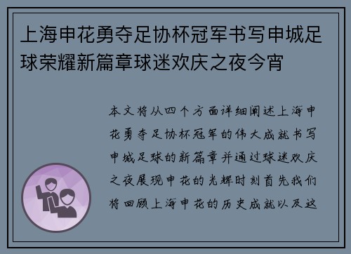 上海申花勇夺足协杯冠军书写申城足球荣耀新篇章球迷欢庆之夜今宵